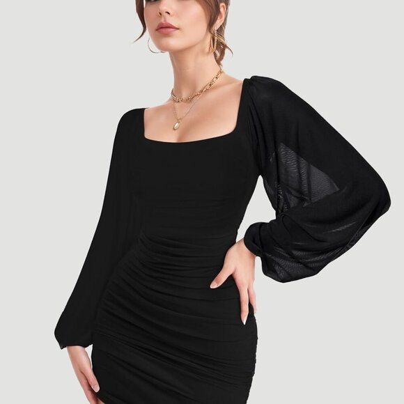 Women's Mesh Bodycon Dress Long Sleeve Mini Party Club Cocktail Sexy Loose - Picture 3 of 7